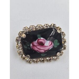 Vintage Hand Painted Pink Rose Brooch Rhinestone Border Black Enamel Gold Tone